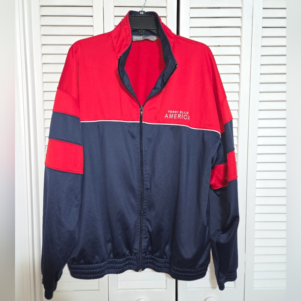Perry Ellis America Men's XL Red and Navy Track Jacket Vintage